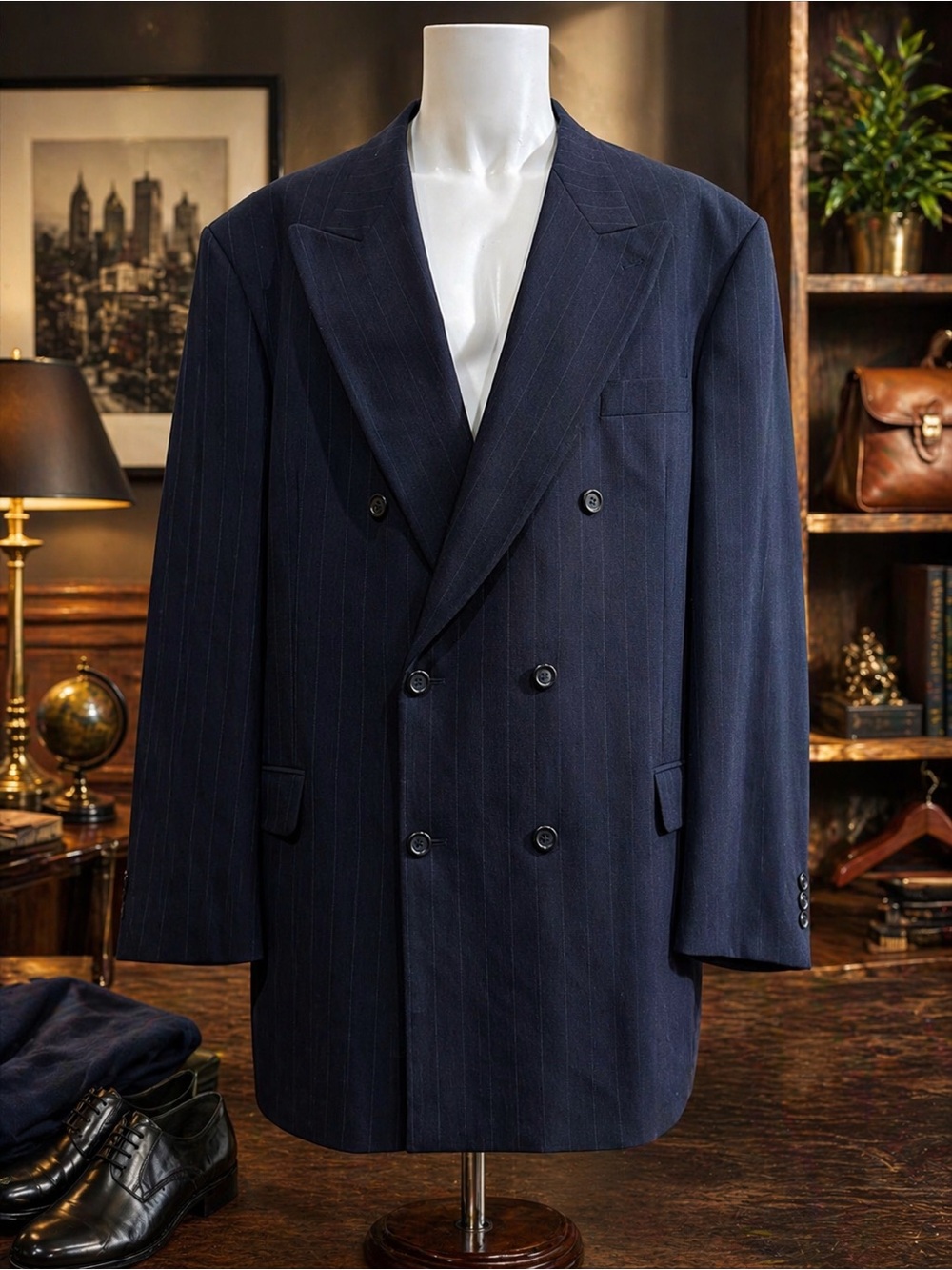 Conte Di Milano Power Blue Pin Stripe 6 Button Wool Blazer Sport Jacket Sz 48L